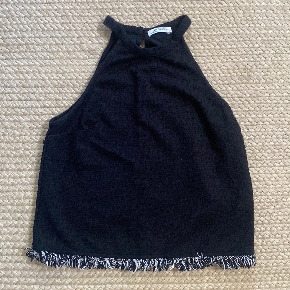 Zara Black & White Fringe Sleeveless Top